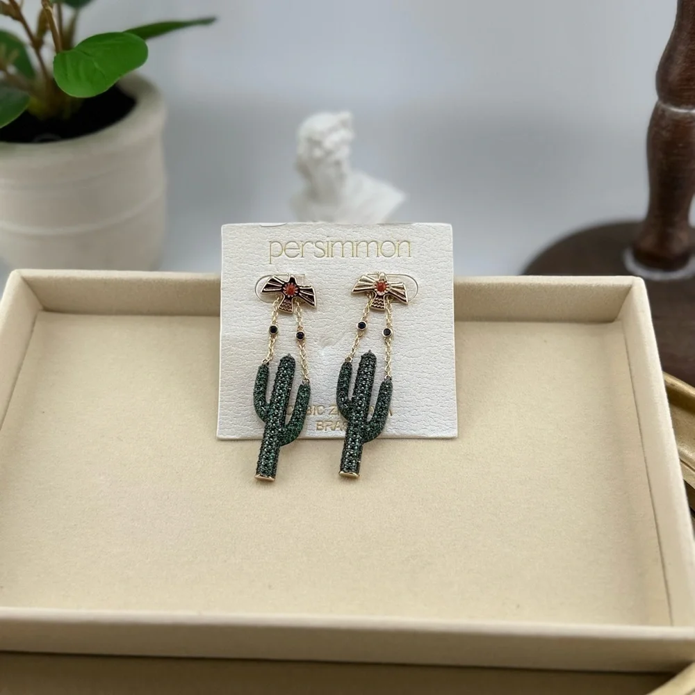 Persimmon Cactus Dangle Earrings – Brass & Cubic Zirconia